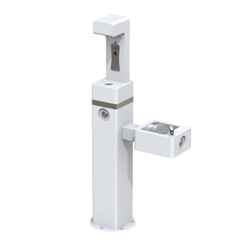 Oasis DGM1-BC-WHI white outdoor bottle filler and side drinking fountain with mechanical button control