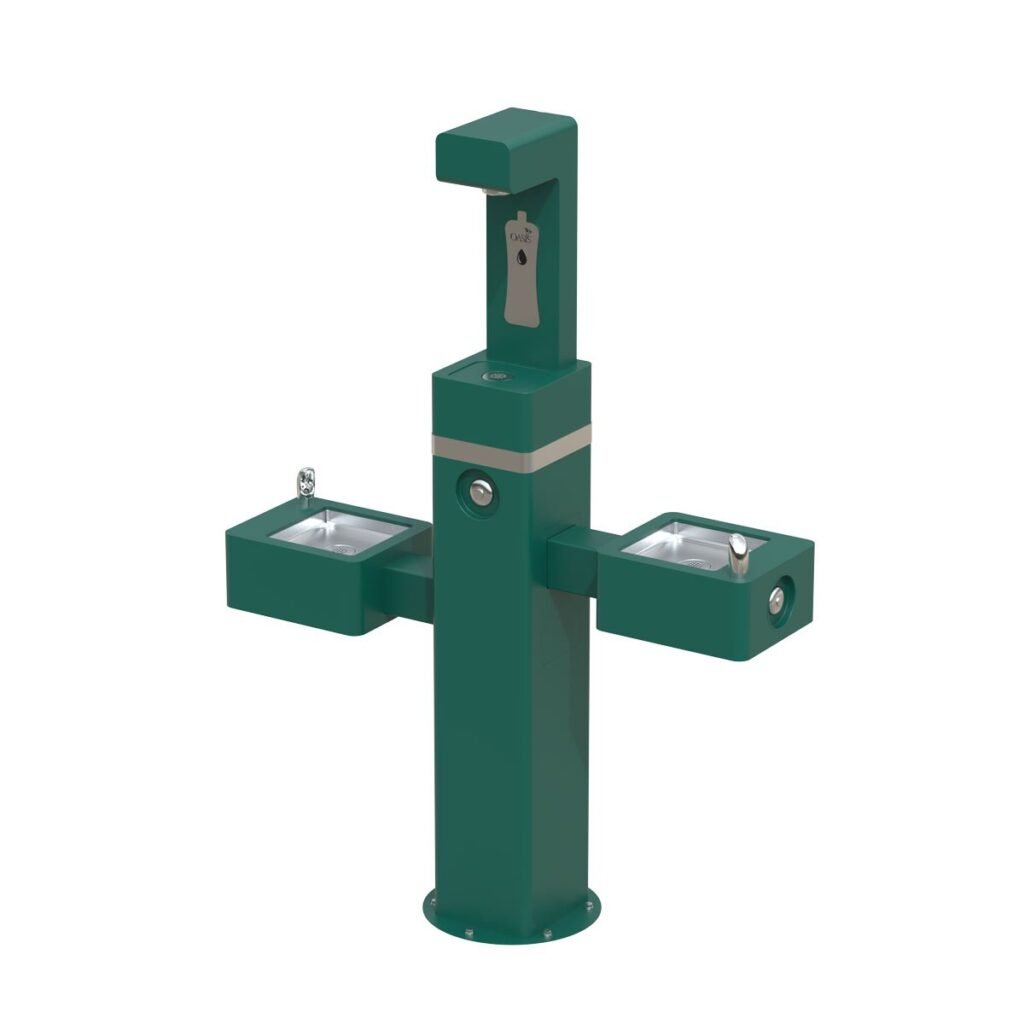 Oasis DGM2-BC-GRN green outdoor bottle filler with dual side drinking fountains, non-electric design