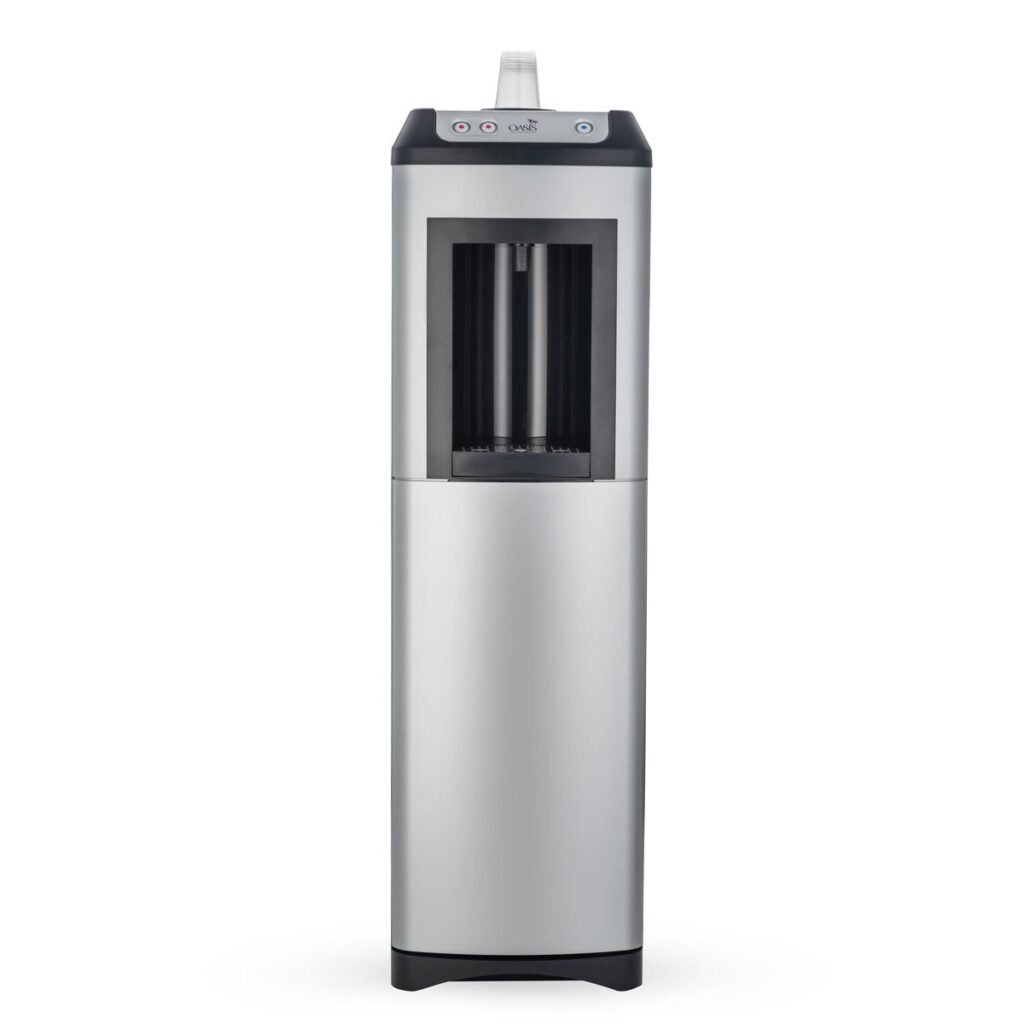 Oasis KaliX silver and black mains-fed water dispenser with button control and cup holder, front view