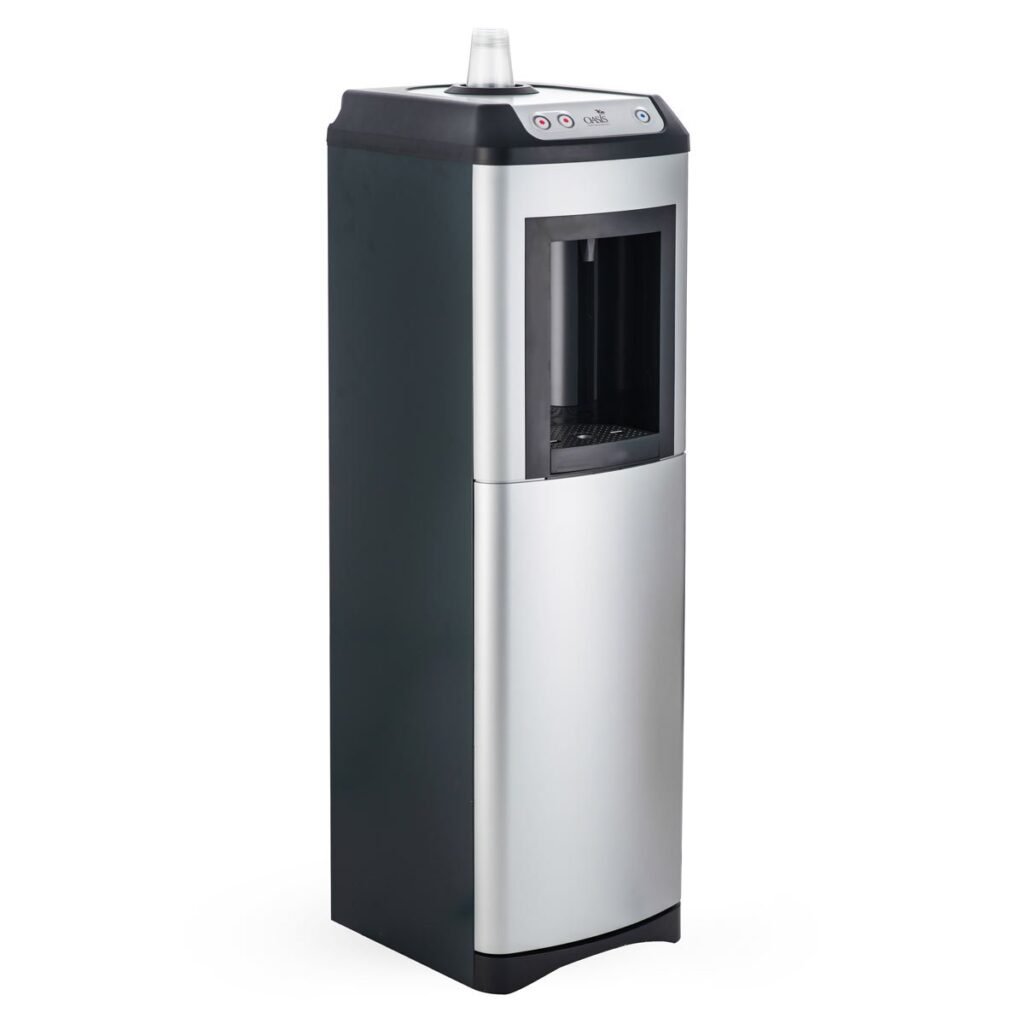 Oasis KaliX silver and black mains-fed water dispenser with button control and cup holder, left side view