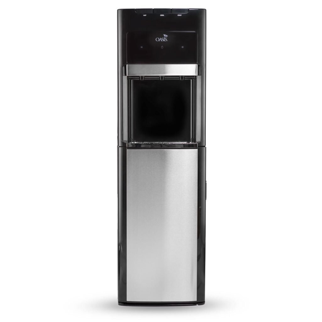 Oasis Mirage 2 modern black and metallic mains-fed water dispenser, front view