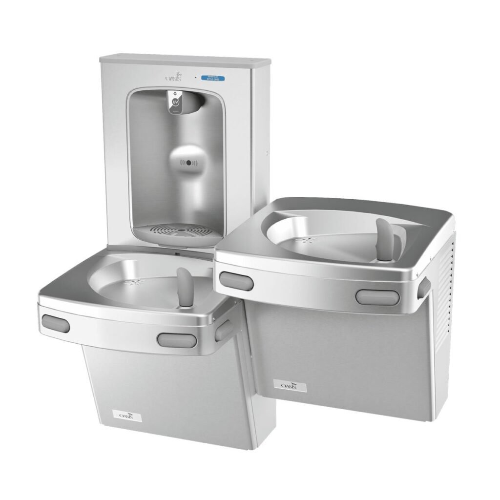 Oasis Versafiller PWEBQ SSA and Versacooler P8ACSLY water station with Quasar™ UVC-LED disinfection and dual fountains