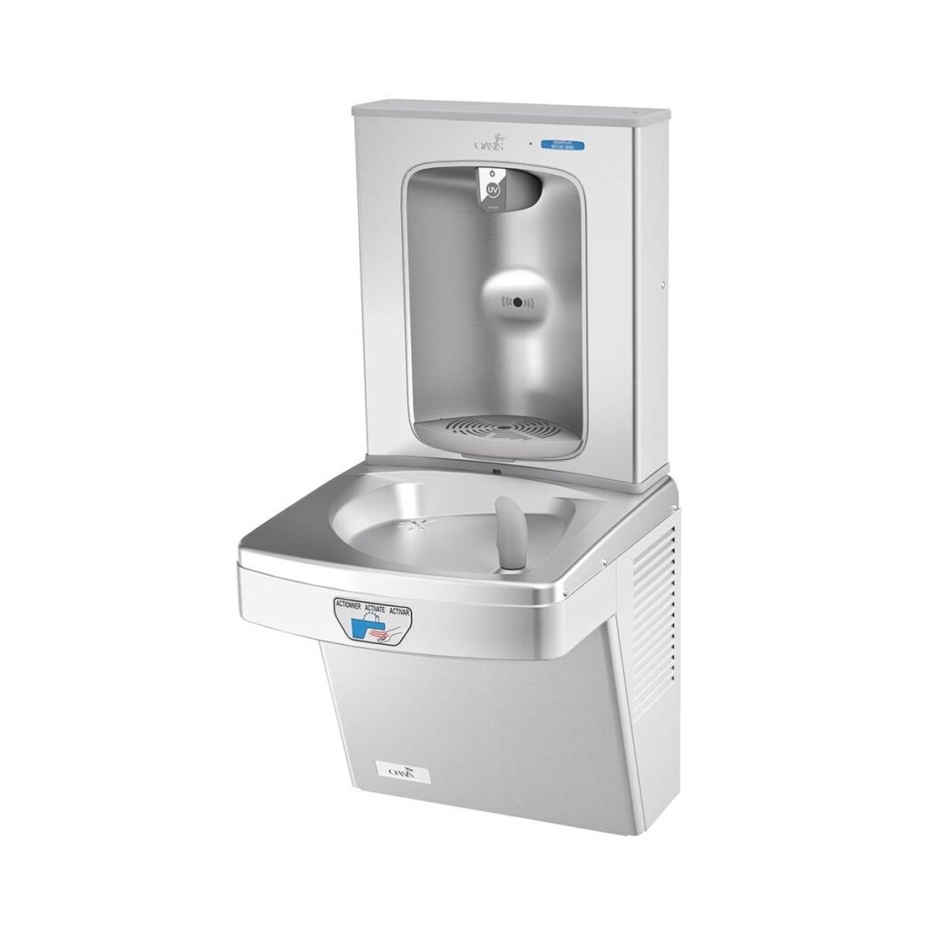 Oasis automatic bottle filler and drinking fountain wall-mounted set, model PWEBFY_SSA+P8ACTY