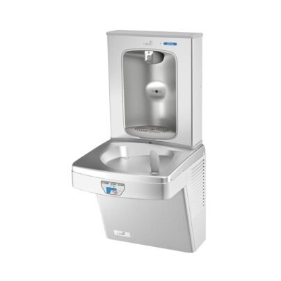 Oasis automatic bottle filler and drinking fountain wall-mounted set, model PWEBFY_SSA+P8ACTY